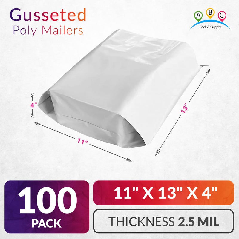 ABC PACK & SUPPLY White Gusseted Poly Mailers, 11 x 13 x 4 Inch. Pack of 100 Expansion Poly Mailers Bags. Shipping Envelopes for Clothing, 2.5 Mil. Plastic Shipping Bags Self Seal. Mailing Packages - Image 2